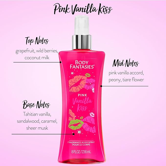 BODY FANTASIES SIGNATURE Fragrance Body Spray, Pink Vanilla Kiss Fantasy, 8 Fluid Ounce (BF44) (Pack of 2)