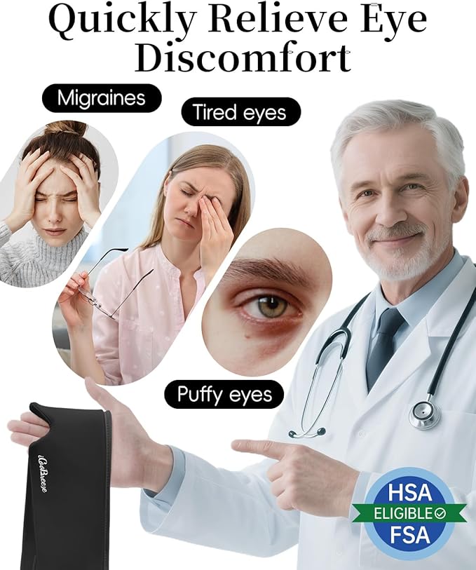 Cooling Eye Mask for Puffy Eyes, FSA Eligible HSA, Headache and Migraine Relief Gel Eye Mask, for Headache, Puffiness, Eye Strain, Reusable Face Ice Pack for Post-Surgery Care (Black)
