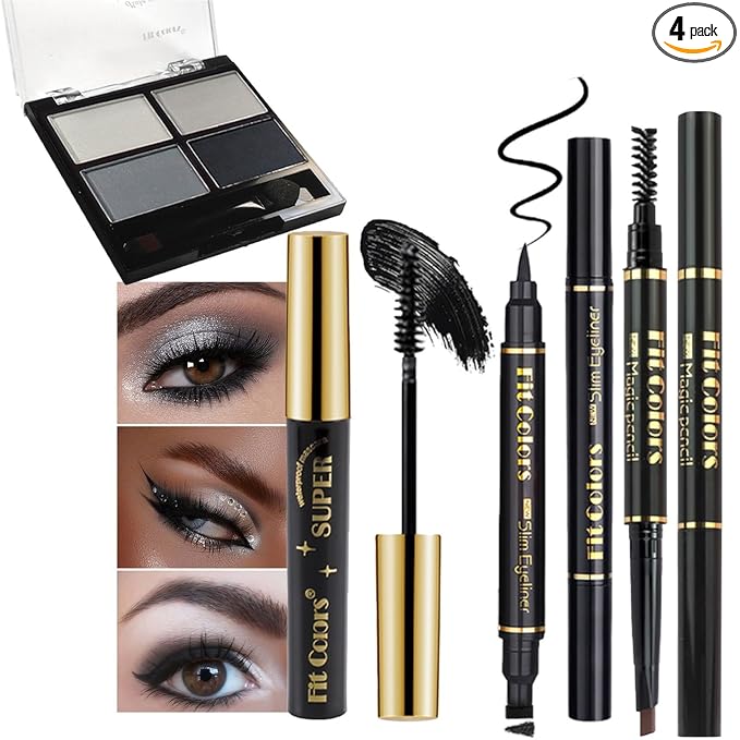 4-in-1 Eye Makeup Kit 4 Colors Eyeshadow Palette Black Liqiud Eyeliner with Stamp and Double-headed Brown Eyebrow Pencil Set for Women Beginners Gift (01)