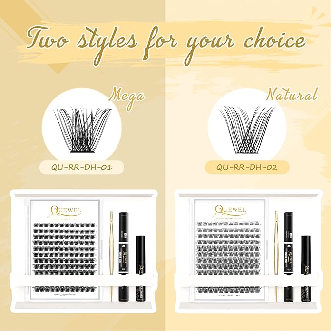 QUEWEL DIY Lash Extensions Kit Lash Clusters 144 Pcs, Cluster Lashes Golden Lashes Tweezers, Eyelash Clusters Bond and Seal Waterproof, Cluster Eyelash Glue Remover(QU-RR-DH-02)
