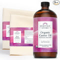 HERITAGE STORE Organic Castor Oil Pack Wrap Kit - Soothing Castor Oil Packs, Heat Compress for Abdomen, Joints, Overall Health, 32oz Cold Pressed Organic Castor Oil, Two 12 x 27in. Wool Flannel Cloths