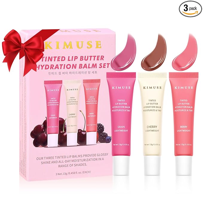 KIMUSE 3 Pack Tinted Lip Butter Hydration Balm, Hydrating Lip Treatment with Hyaluronic Acid & Vitamin E, Tinted Lip Balm for Instant Moisture, Shine & Hydration, Supple Lips, Vegan & Cruelty-Free