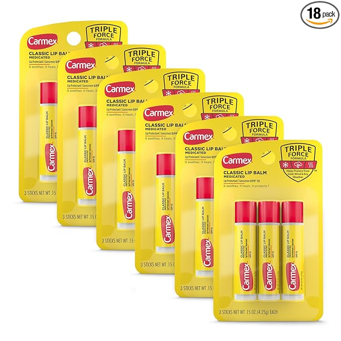 Carmex Classic Medicated Lip Balm Sticks, Lip Moisturizer for Chapped Lips, 18 Count (6 Packs of 3)