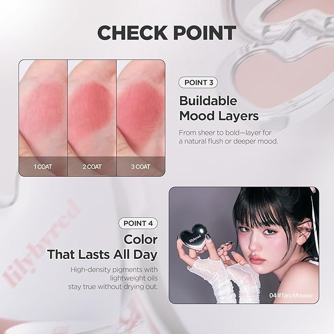 lilybyred Luv Beam Cheek Mousse | Heart-Shaped Korean Cream Blush, Airy Soft-Matte Texture, Soft-Focus & Pore-Blurring Finish, Seamless Buildable, Natural Flush, 0.13 oz. (06 Pomegranate Mousse)