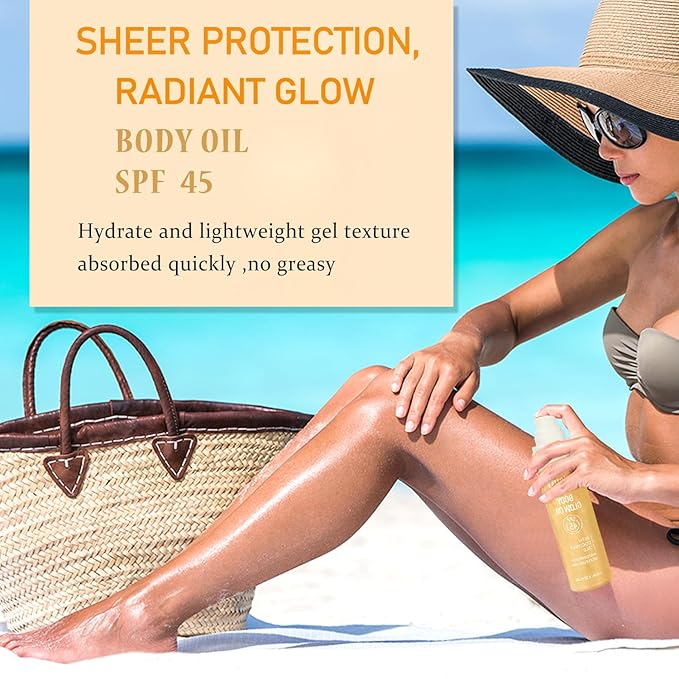 Sunscreen Body Oil SPF45 Body Glow Oil Moisturizer Serum with Coconut Oil for Dry Skin Nourishing Glowing Skin Care Body Shimmer Oils for Face & Boay,Lightweight, Non-Greasy
