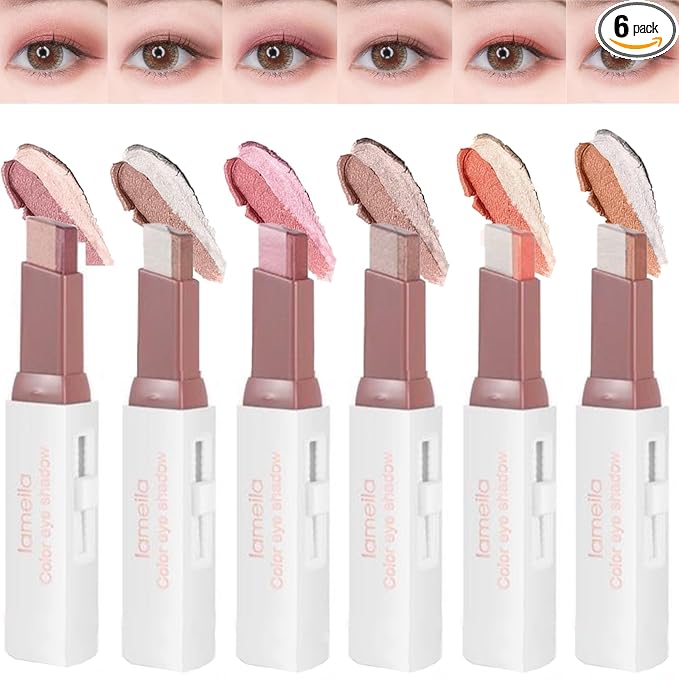 6 Pcs Shimmery Eyeshadow Stick Two Color Eye Glitter Shadow Pencils with Waterproof and Retractable Eye Shadow for Glitter Makeup(Two-Color)