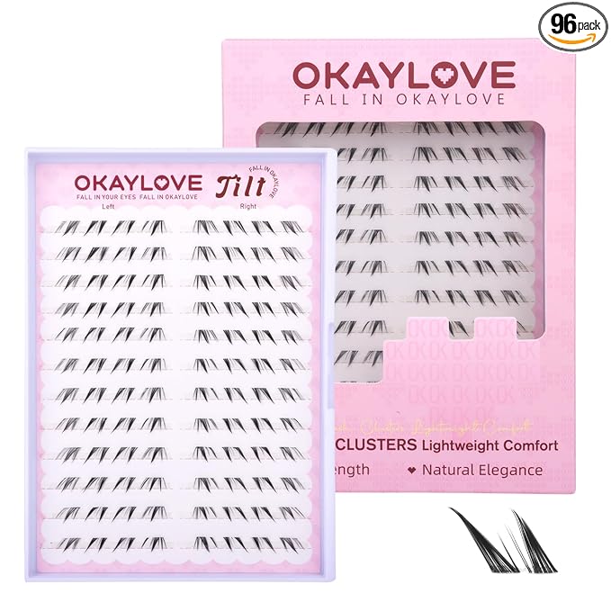OKAYLOVE Bottom Lash Clusters DIY Eyelash Extensions, Tilt 6-8mm Lower Lashes Wispy Bottoms Individual Lashes, 96pcs Natural Invisible Band Eyelash Clusters for Bottom Eyelashes Extension