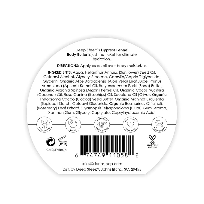 Deep Steep Body Butter, 6 oz – Rich Moisturizer with Ceramides, Coconut Oil, Argan Oil & Aloe Vera – Vegan, Clean Beauty, Smooth & Hydrated Skin (6 Ounces, Cypress Fennel)