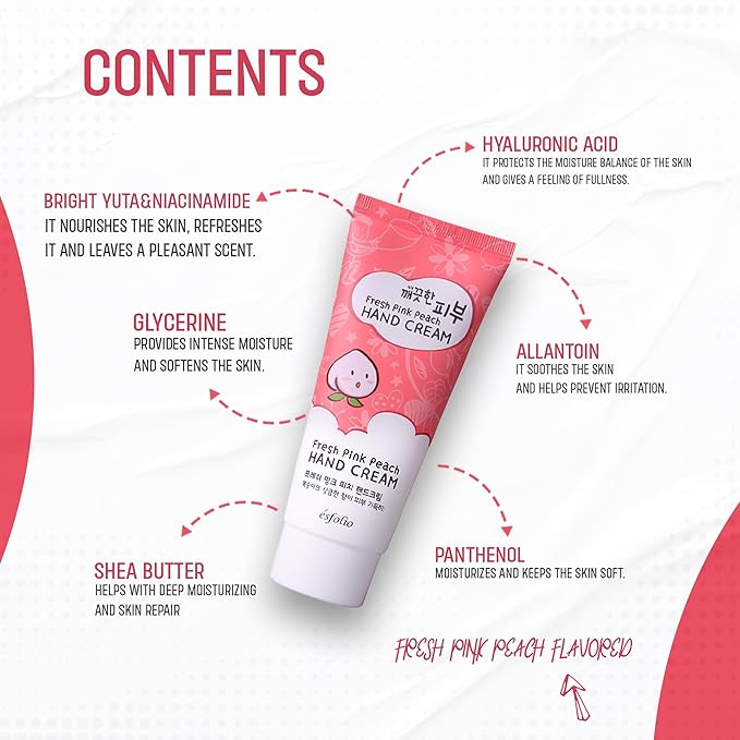 esfolio Fresh Pink Peach Hand Cream – Moisturizing Korean Hand Lotion with Peach & Apricot Extracts – Softens, Hydrates & Smooths Dry Skin – Lightweight Non-Greasy Formula (3.38 OZ/100ML)