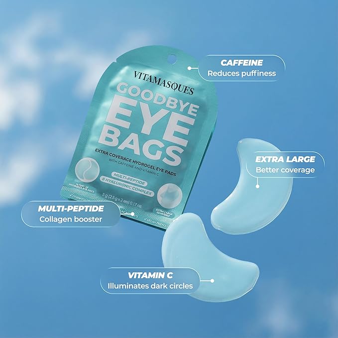 Vitamasques Goodbye Eye Bags XL Under Eye Patches - Caffeine Collagen Eye Mask for Dark Circles & Puffiness, Brightening Korean Eye Patches - 3 Pairs Hydrating Ultra cooling Hydrogel Pads