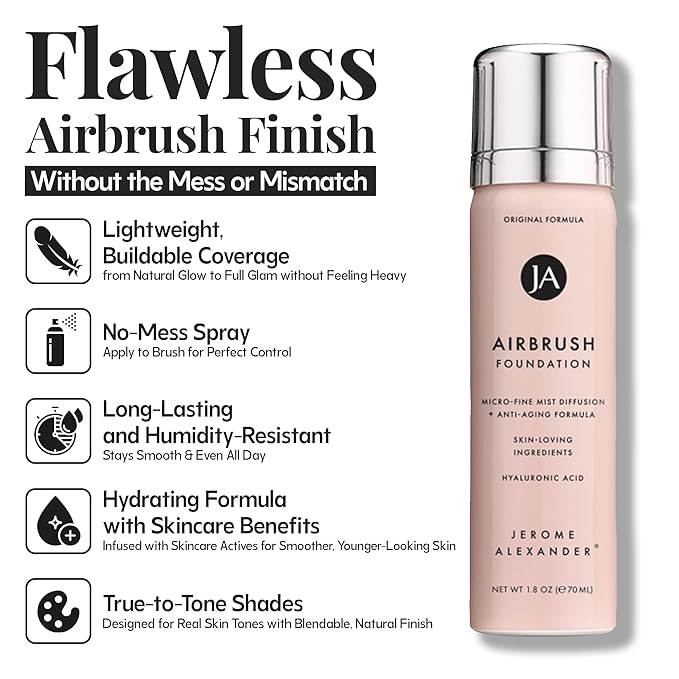Jerome Alexander MagicMinerals AirBrush Foundation – 2 Piece Set with Airbrush Foundation and Kabuki Brush - Spray Makeup with Anti-aging Ingredients for Smooth Radiant Skin - Warm Beige
