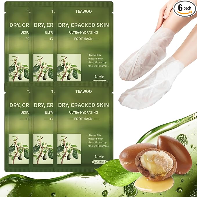 TEAWOO 6 Pairs Moisturizing Foot Masks with Shea Butter, Jojoba Oil, Vitamin E & Urea, 6 Pairs Intensely Hydrating Foot Mask For Dry Cracked Feet, Moisturizing Socks for Cracked Heel Treatment