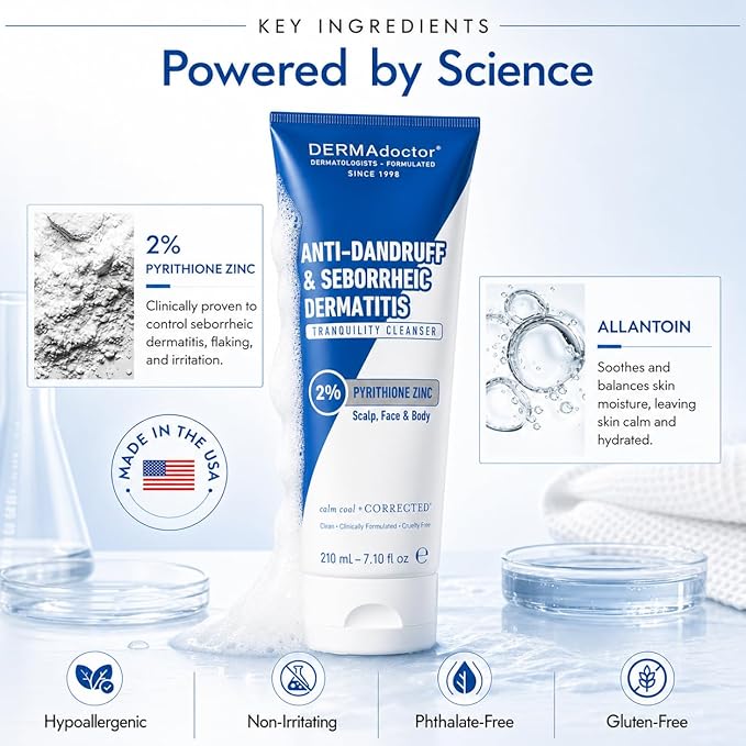 DERMAdoctor 2% Pyrithione Zinc Anti-Dandruff Shampoo & Multi-Use Liquid Face Wash for Seborrheic Dermatitis, Itchy Flaky Scalp, Beard & Body, Fragrance-Free Sulfate-Free Sensitive Skin, 7.1 fl oz