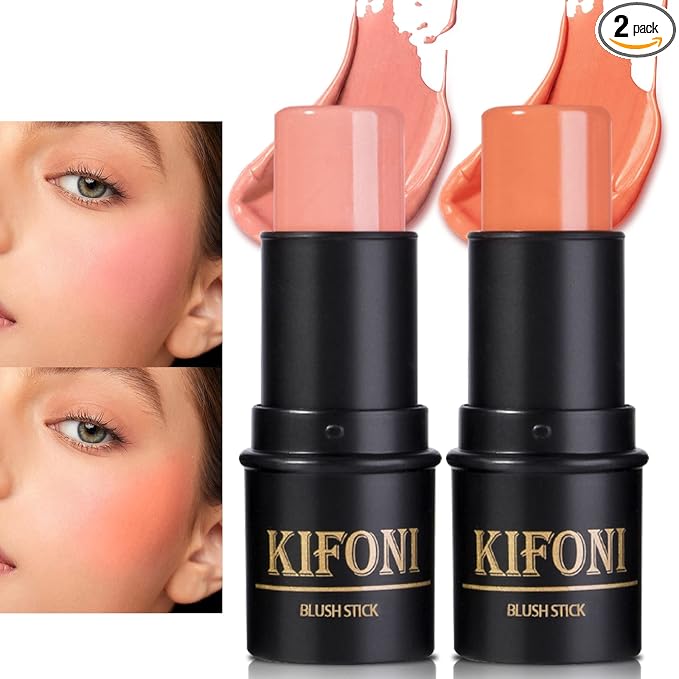 2 Pcs Cream Blush Stick Makeup Kit, Natural Shimmer & Matte Wand for Cheeks, Lightweight Blendable Silky Cream Makeup - #02 Soft Pink #03 Coral Orange