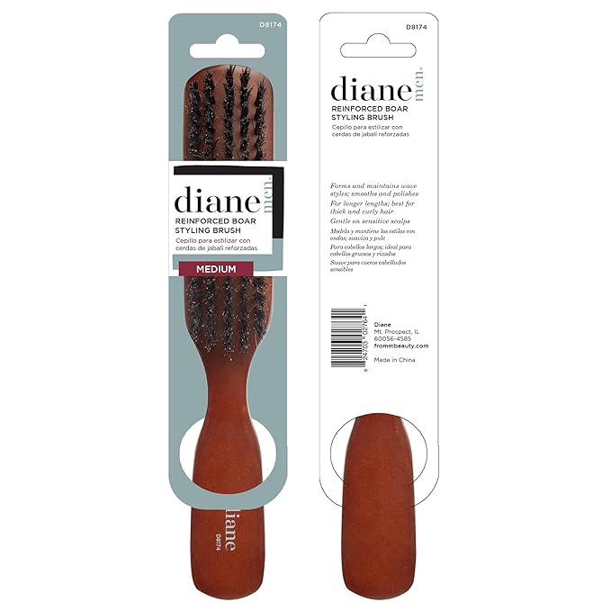 Diane Reinforced Boar Bristle Styling Brush for Men and Barbers – Medium Bristles for Thick and Curly Hair – Use for Detangling, Smoothing, Wave Styles, Restore Shine and Texture