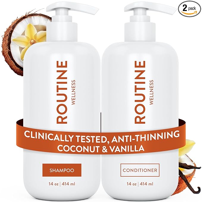 Routine Wellness Anti-Thinning Shampoo and Conditioner Set for Thinning Hair - Biotin DHT Blocker Women & Men - Color Safe Shampoo for Hair Loss & Healthier Hair - Coconut & Vanilla Set