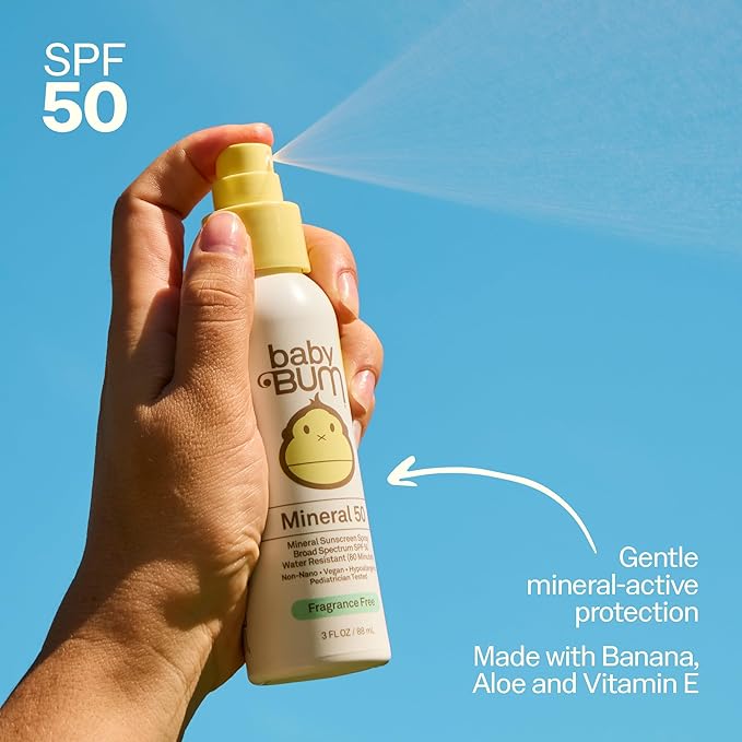 Baby Bum SPF 50 Sunscreen Spray - Mineral UVA/UVB Face and Body Protection for Sensitive Skin - Fragrance Free - Travel Size - 3 oz