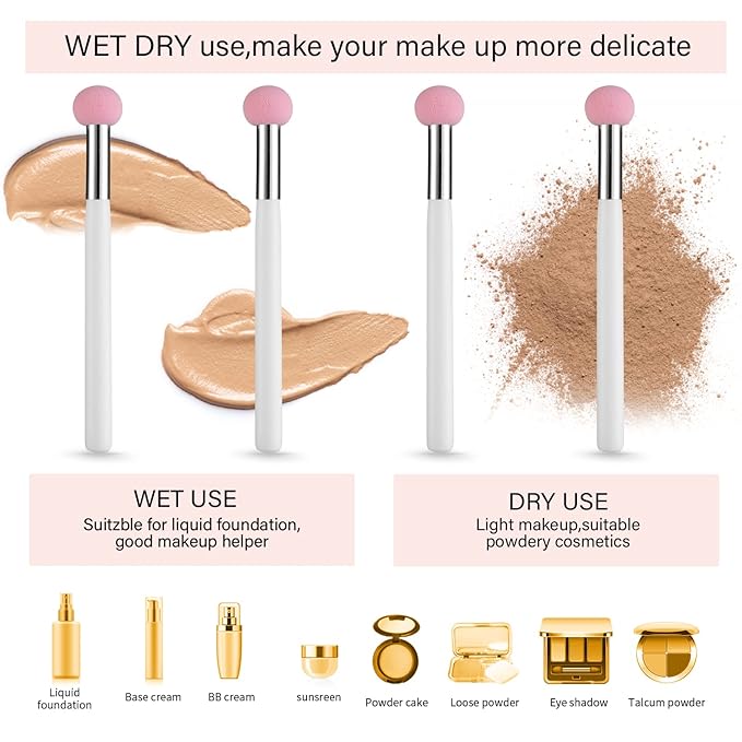 Sibba 4-Piece Foundation Brush Set Pink & White Handle Makeup Brushes for Powder, Blush, Contour & Concealer - Includes Sponge, Angled Blending Brushes for Professional Beauty Techniques