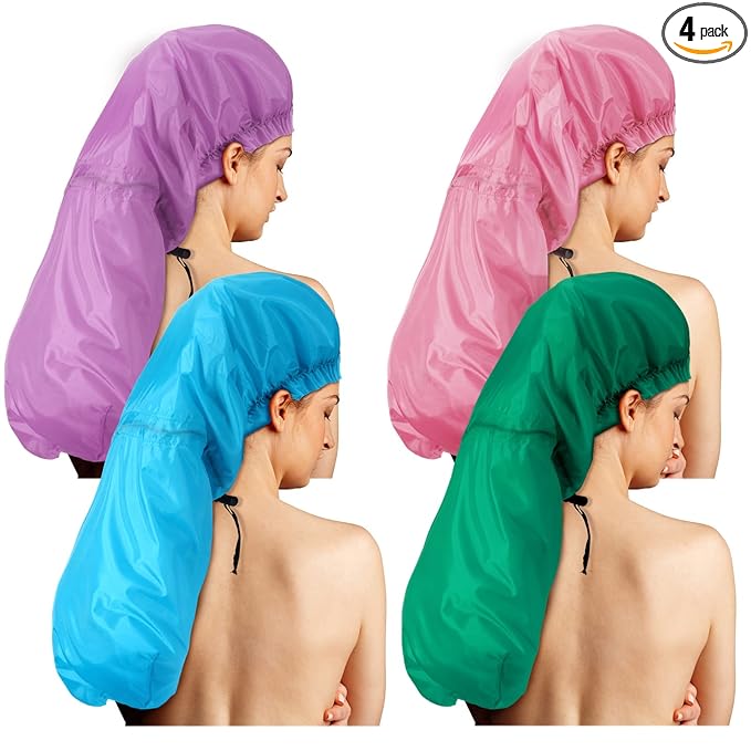 Eurzom 4 Pcs Large Shower Cap for Braids Extra Long Shower Cap for Women Long Hair Locs Foldable Waterproof Reusable XL Hair Bonnets for Dreadlocks Drawstring Bath Caps(Pink, Blue, Green, Purple)