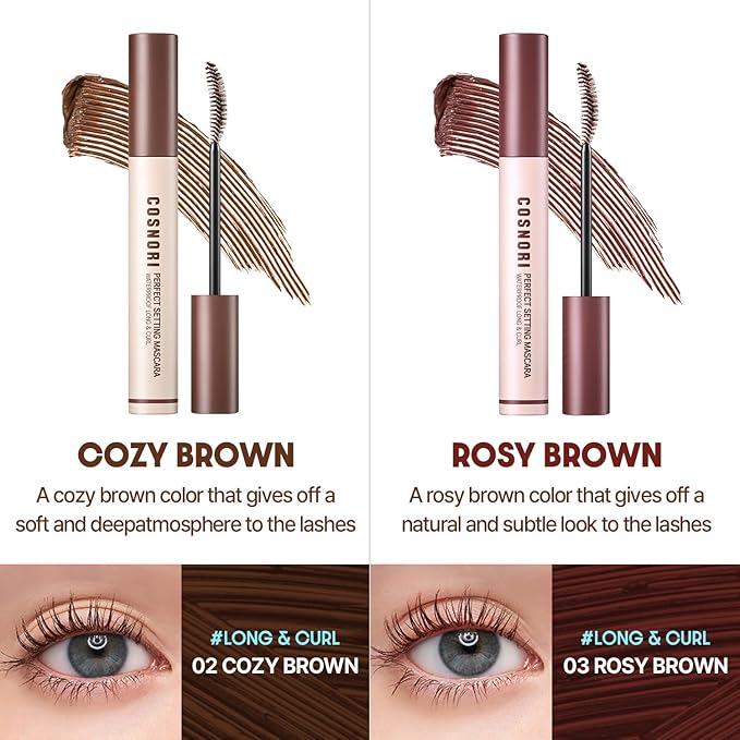 COSNORI Perfect Setting Waterproof Mascara Long&Curl 1.5 Black Brown – Long Lasting Smudge - Black Brown Mascara - Soft yet Defined Daily Use - K Beauty - 0.23fl oz (7ml)
