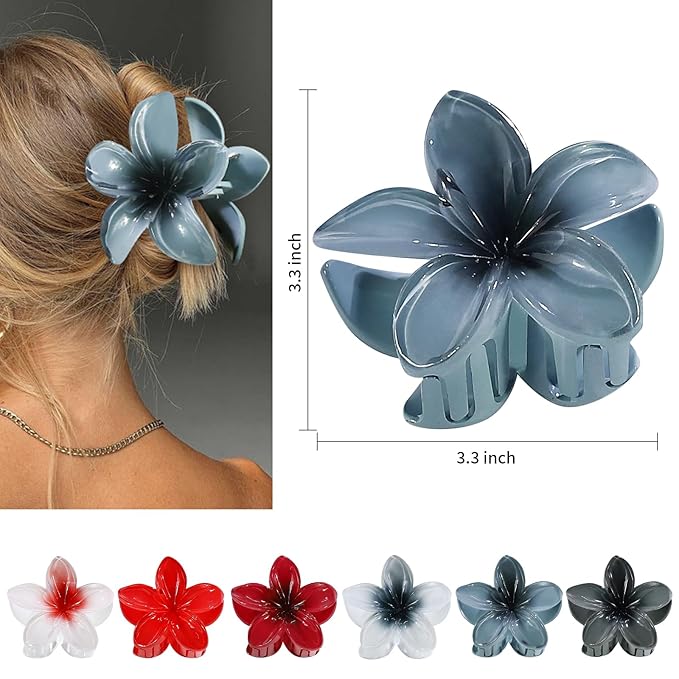 CHANDAT Flower Hair Clips 6 PCS Hawaiian Claw Clips for Vacation Hibiscus Hair Claw Clips Cute Large Hair Clips for Thick and Thin Hair Plumeria Hair Accessories for Women Girls -Dark Color