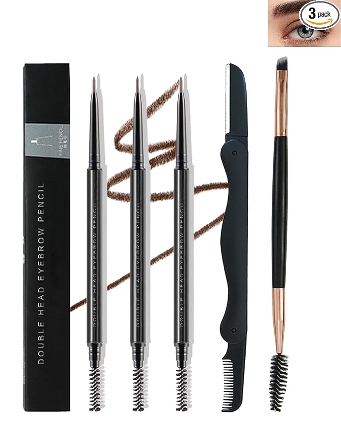 3 Pcs Waterproof Eye Brow Pencil Set for Women Dark Brown,Retractable Professional Eyebrow Pencil with Brows Brush&Razor,Ultra Fine Brow Micro Long Lasting Tinted Gel Pen Shaping&Filling Eye Makeup-04