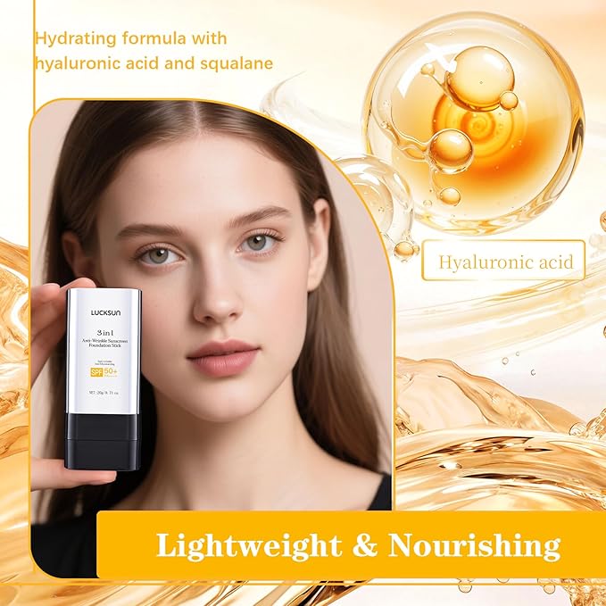 3 In 1-Luxury Anti-Wrinkle Foundation Stick SPF 50+ with Brush, Hydrating Non-Sticky Matte Foundation Stick, Travel Size Defense Face and Body Sunscreen Lotion, 1.42 Fl Oz