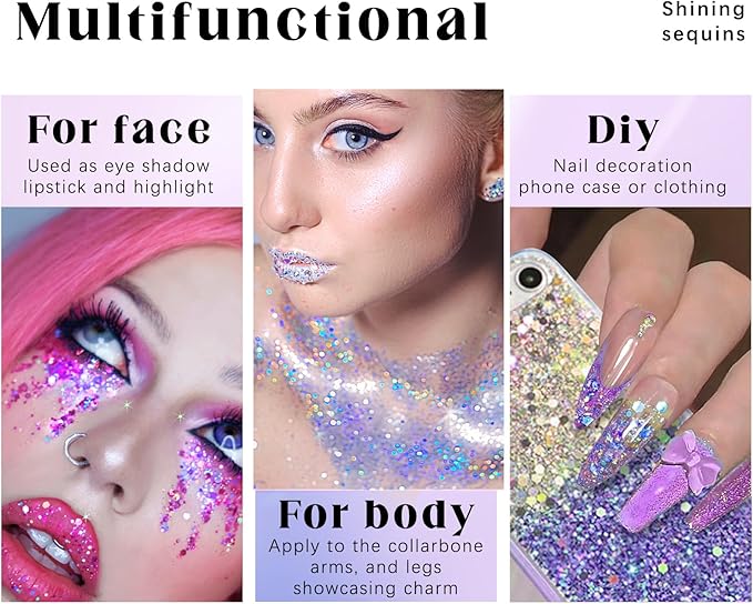 HOSAILY Roll-on Holographic Body Glitter Gel for Face Hair, Chameleon Color Changing Glitter Gel Under Light, Chunky Mermaid Sequins Festival Party Rave Accessories Shimmer Makeup (Neon Violet)