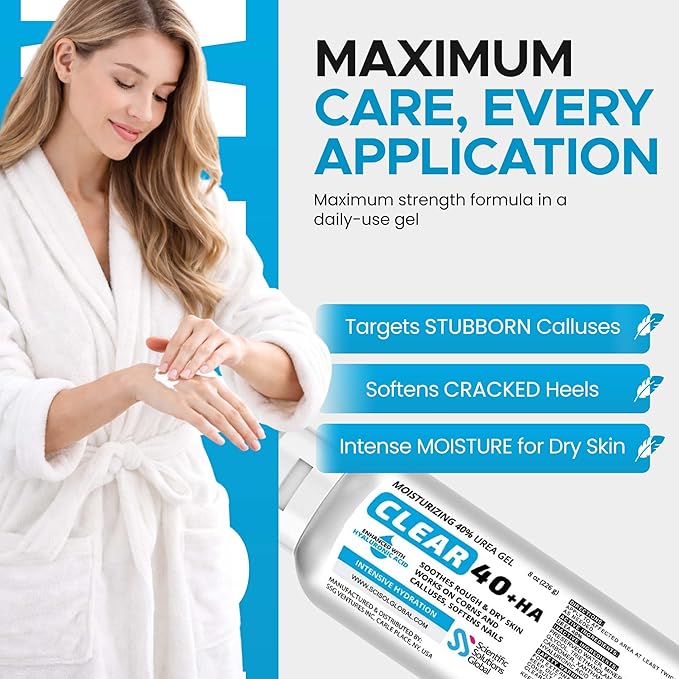 CLEAR 40 HA, 40% Urea Gel, 1% Hyaluronic Acid, 4 oz w/ Tea Tree & Coconut Oil, Aloe Vera, Callus & Corn Remover Softens Cracked Heels, Feet, Elbows, Hands, Nails, Superior hydration to Urea Creams