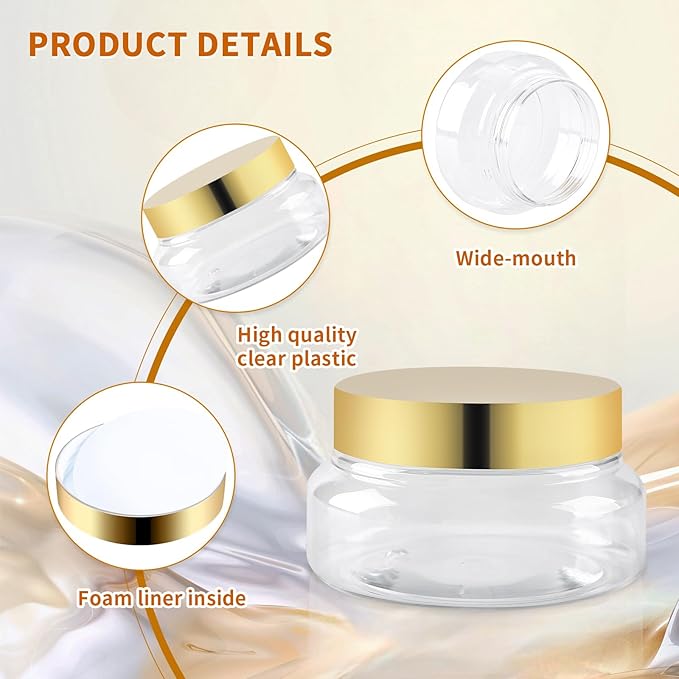 24 Pack 5 Oz Plastic Containers With gold Lids and Waterproof Label BPA Free - Refillable Transparent Cosmetic Containers for Body Butter,Sugar Scrubs,Cream,Lotions,Candy,Bath Salt(Gold, 5 oz)
