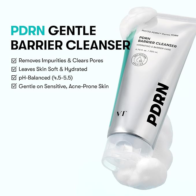 VT COSMETICS PDRN Barrier Cleanser, Gentle pH Balanced Facial Cleanser with PDRN, Ceramides & Panthenol, Hydrating Micro Foam Face Wash for Sensitive, Deep Cleansing Without Dryness, 6.76 fl.oz