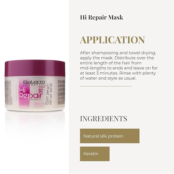 SALERM - Repairing Hair Mask - Hi Repair Mask 02-250 ml - Deep Hydration for Damaged Hair - Repairs and Rejuvenates - Shinier and Softer Hair - Immediate Effect