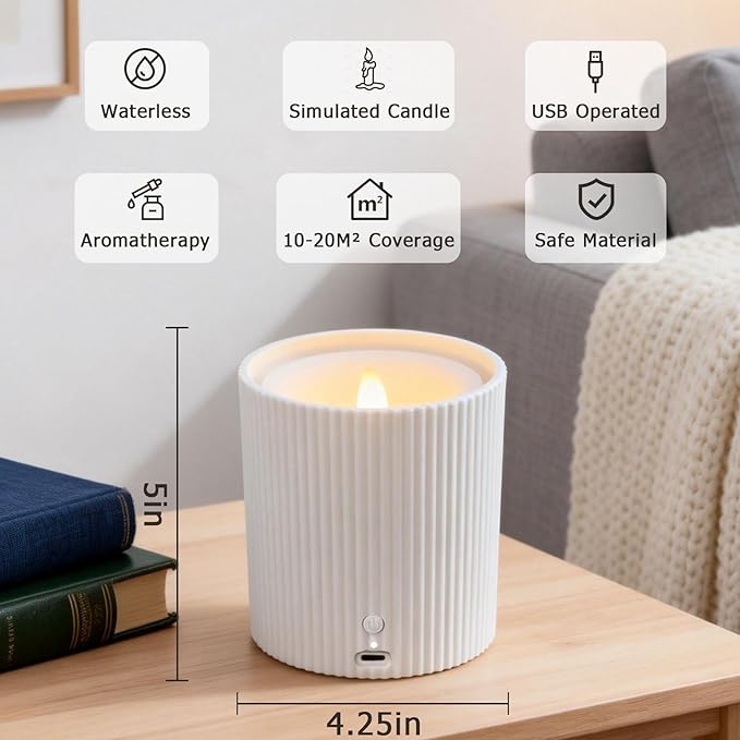 2 in 1 Waterless Essential Oil Diffuser and 3D Wick and Realistic Flame Candle,Flameless Candle Diffuser,USB Power Supply LED Candle Waterless Diffuser 12PCS Cotton Pads(No Rechargeable Battery)﻿