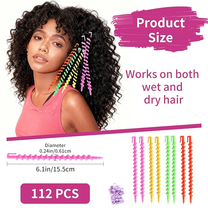 VinBee 112 Pcs Spiral Curlers for Natural Hair,Spiral Perm Rods for Long Hair,Short & Long Heatless Curlers,Barber Hairdressing Rollers and Plastic Salon Kit–Women's and Young Ladies'