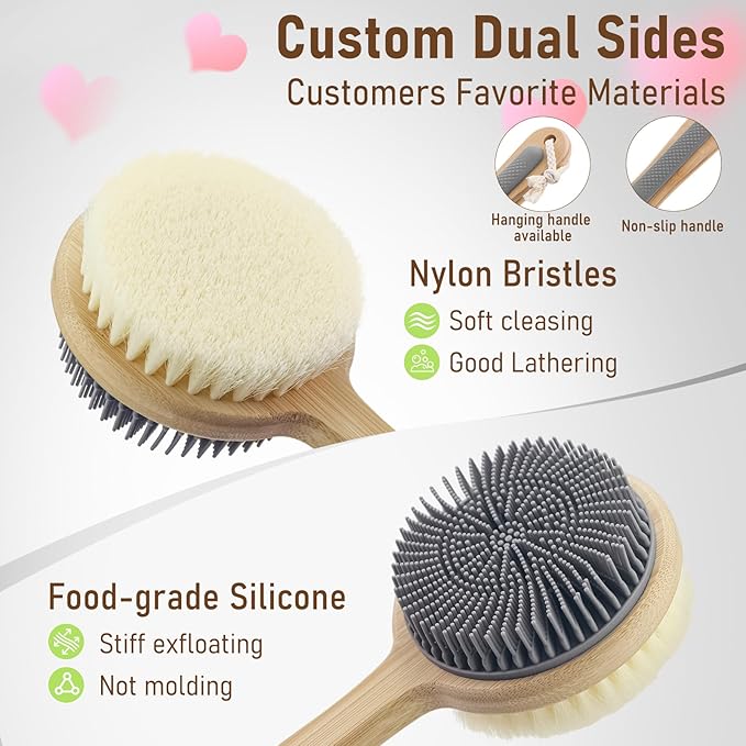 Back Scrubber for Shower + Body Scrubber 2 Pack - Dual Sided Silicone & Nylon Bristles Lather Well, Exfoliating Anti-Slip Wood Long Handle Back Scrubber Body Exfoliator for Wet/Dry Bath Brush Grey