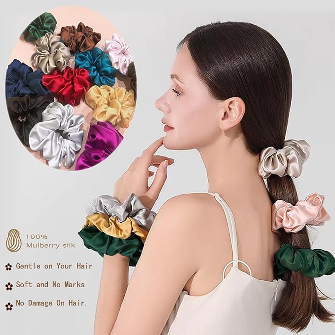 100% Pure Mulberry Silk Hair Scrunchies, 16 Momme Silk Scrunchies, Silk Hair Ties for Women Girls Curly Thick Thin Hair, Black Satin Sleep (4, 07 green)