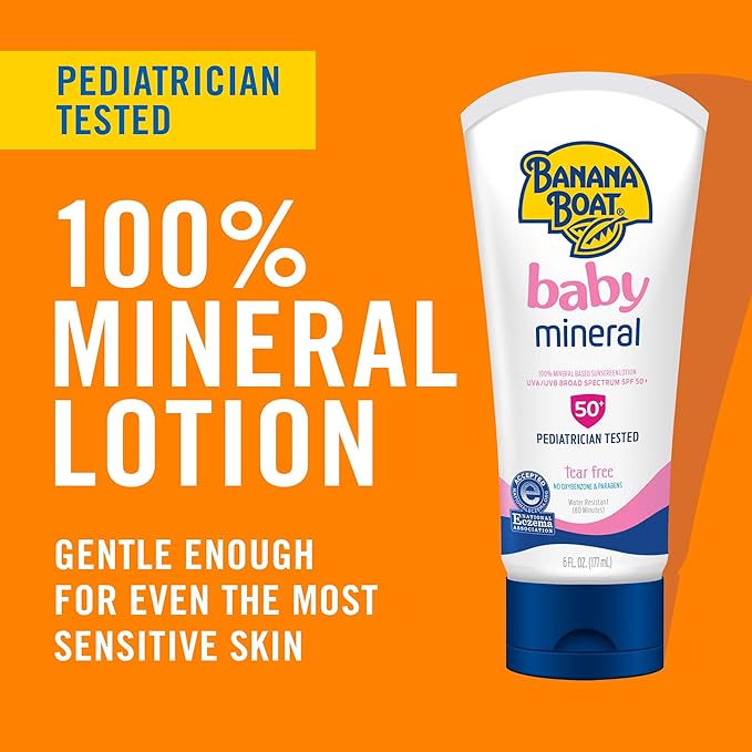 Banana Boat 100% Mineral Baby Sunscreen Lotion SPF 50 Twin Pack | SPF 50 Sunscreen for Babies, Baby Sunblock Lotion, Oxybenzone Free, 6oz each (Pack of 12)