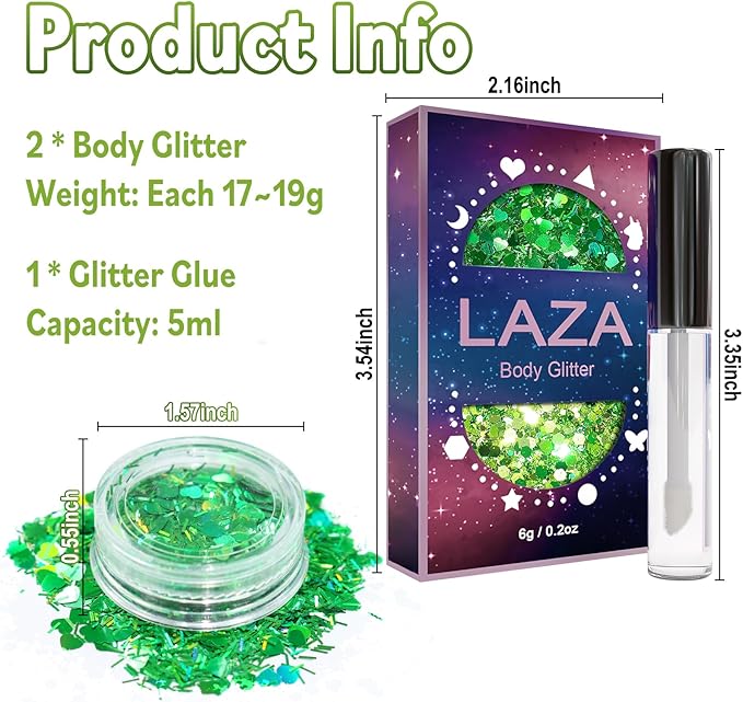 Laza 2 Jars St. Patrick’s Day Body Glitter Iridescent Chunky Sequins with Glitter Glue Women Eyeshadow Makeup Face Paint Festival Rave Outfits Hair Accessories Carnival Brat Party Costumes-Lime Summer