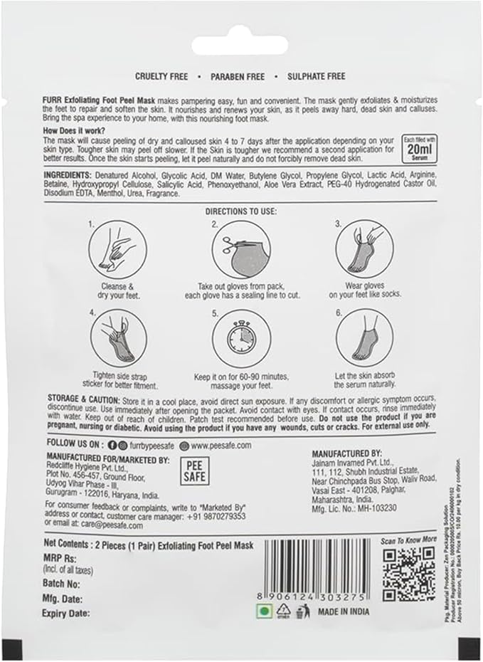 FURR By Pee Safe Peeling & Exfoliating Foot Mask | Reduces Dry Skin & Hard Calluses | Exfoliates, Moisturizes & Hydrates Feet | Nourishing Foot Mask | Fits Like Socks | For Soft & Smooth Skin | Unisex