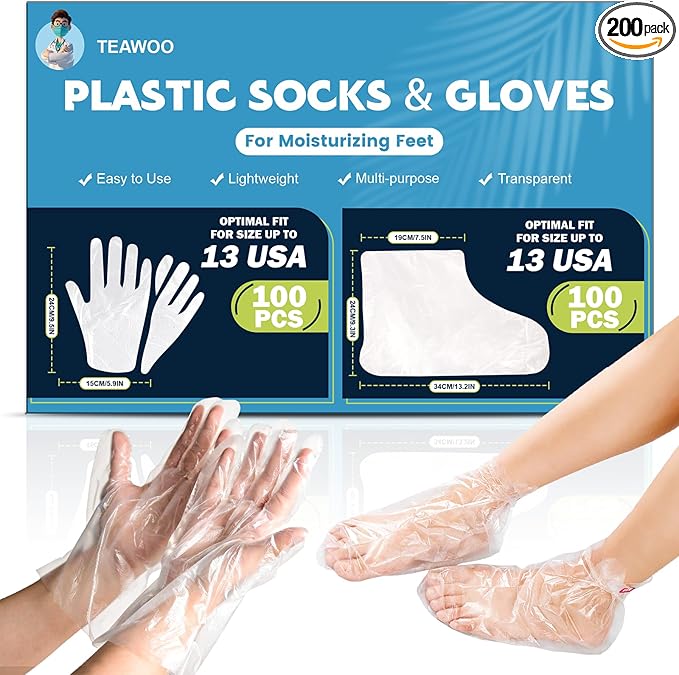 TEAWOO 200PCS Disposable Hand & Foot Mask Set, 100P Hand Masks + 100P Foot Masks with Stickers, Leak-Proof Moisturizing Covers for Paraffin Therapy & at-Home Skin Care (Feet Fit up to US 13)
