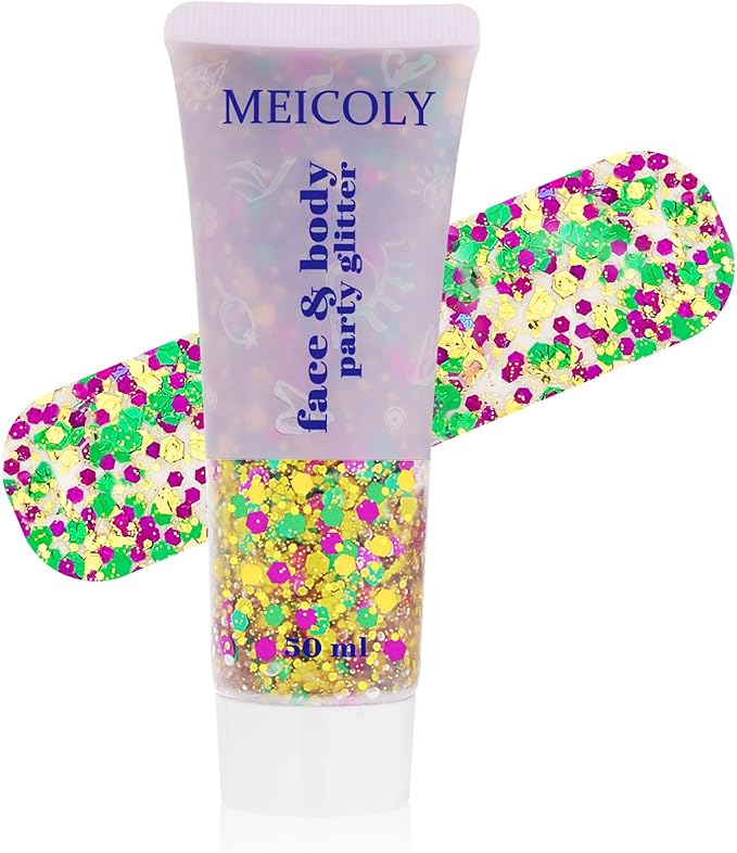 MEICOLY Mardi Gras Face Glitter Gel, Holographic Face Glitter, Skin-Friendly Hair Accessories for Kids & Adults, Gold Green Purple Mixed Chunky Glitter for Mardi Gras Carnival,Festival Party