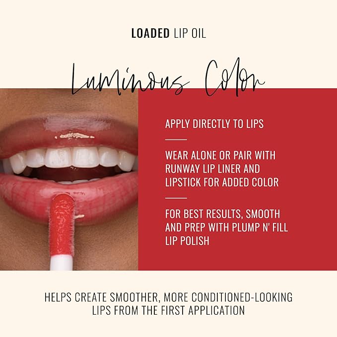 Runway Rogue Loaded Lip Oil, Hydrating and Plumping Glass-Shine Lip Oil with Tri-Peptide Formula, Maraschino-Cherry Red Shine, ‘Press Pass’