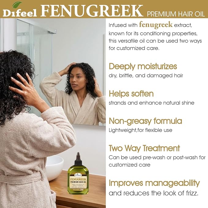 Difeel Fenugreek Premium Hair Oil 7.1 Ounce - Fenugreek Oil for Hair, Pre or Post Shampoo Treatment for All Hair Types