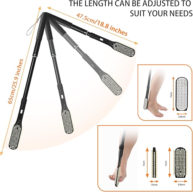 Long Handle Foot Scrubber with Toe Gap Cleaner, 18.8" - 25.9" Telescopic Toe Cleaning Brush, Foot File Callus Remover for Men, Women and Seniors