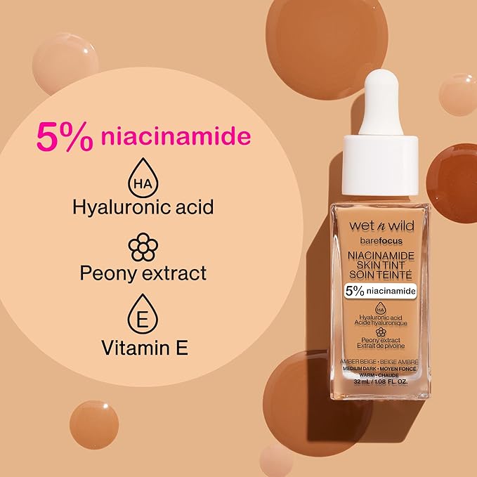 wet n wild Bare Focus Skin Tint, 5% Niacinamide Enriched, Buildable Sheer Lightweight Coverage, Natural Radiant Finish, Hyaluronic & Vitamin Hydration Boost, Cruelty-Free & Vegan-Fair Light Beige
