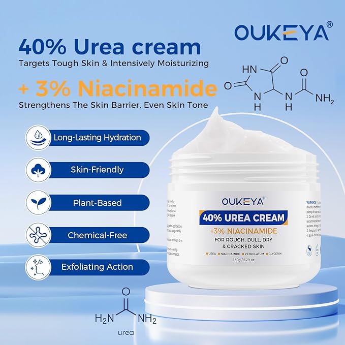 OUKEYA Urea Cream 40 Percent with 3% Niacinamide, Intensive Moisturizer for Extremely Dry Chapped, Rough Skin on Hands, Feet, Elbows & Knees,Deep Hydration & Evens Skin Tone, 5.29oz