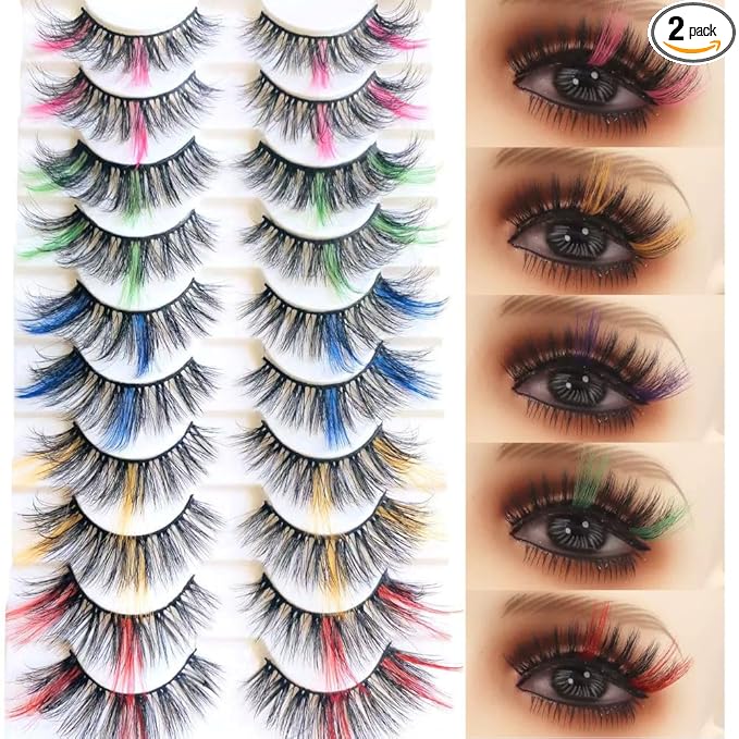 Sunniess Ombre Colored Lashes Silk Protein Fluffy Wispy Volume Fake Lashes for Halloweens Cosplay Party Stage Lashes with Color Make up Faux Mink False Eyelashes