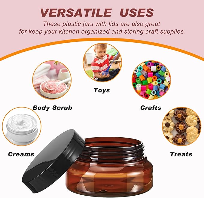 Tessco for you 48 Pack Plastic Jars with Lids Labels Multiuse Slime Containers Empty Body Scrub Jars Round Refillable Cosmetic Body Butter Container for Makeup (5 oz,Brown)