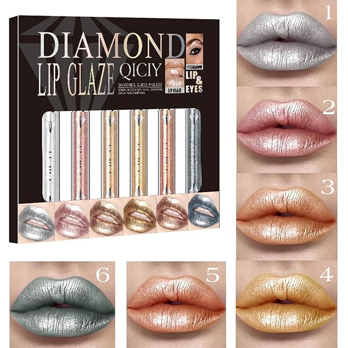 ADMD Diamond Lip Glaze 6-Piece Set Lip Gloss Glitter Sparkling Liquid Lipstick&Shimmer Eyeshadow Long-Lasting Waterproof Makeup