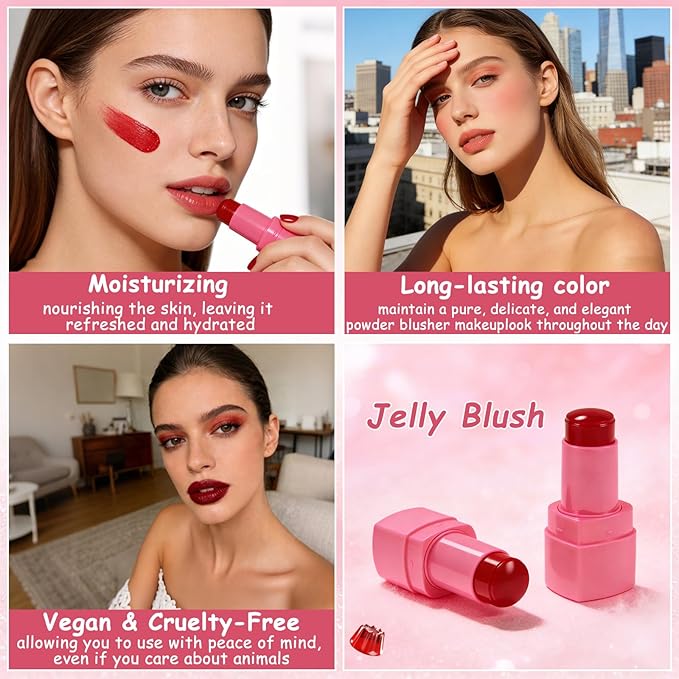 2PCS Jelly Blush Stick for Cheeks,Cooling Water Jelly Tint Stick,Moisturizing Lightweight Lip and Cheek Tint,Long-lasting,Cruelty-free,Sheer & Buildable Lip Stain + Blush（01+03）